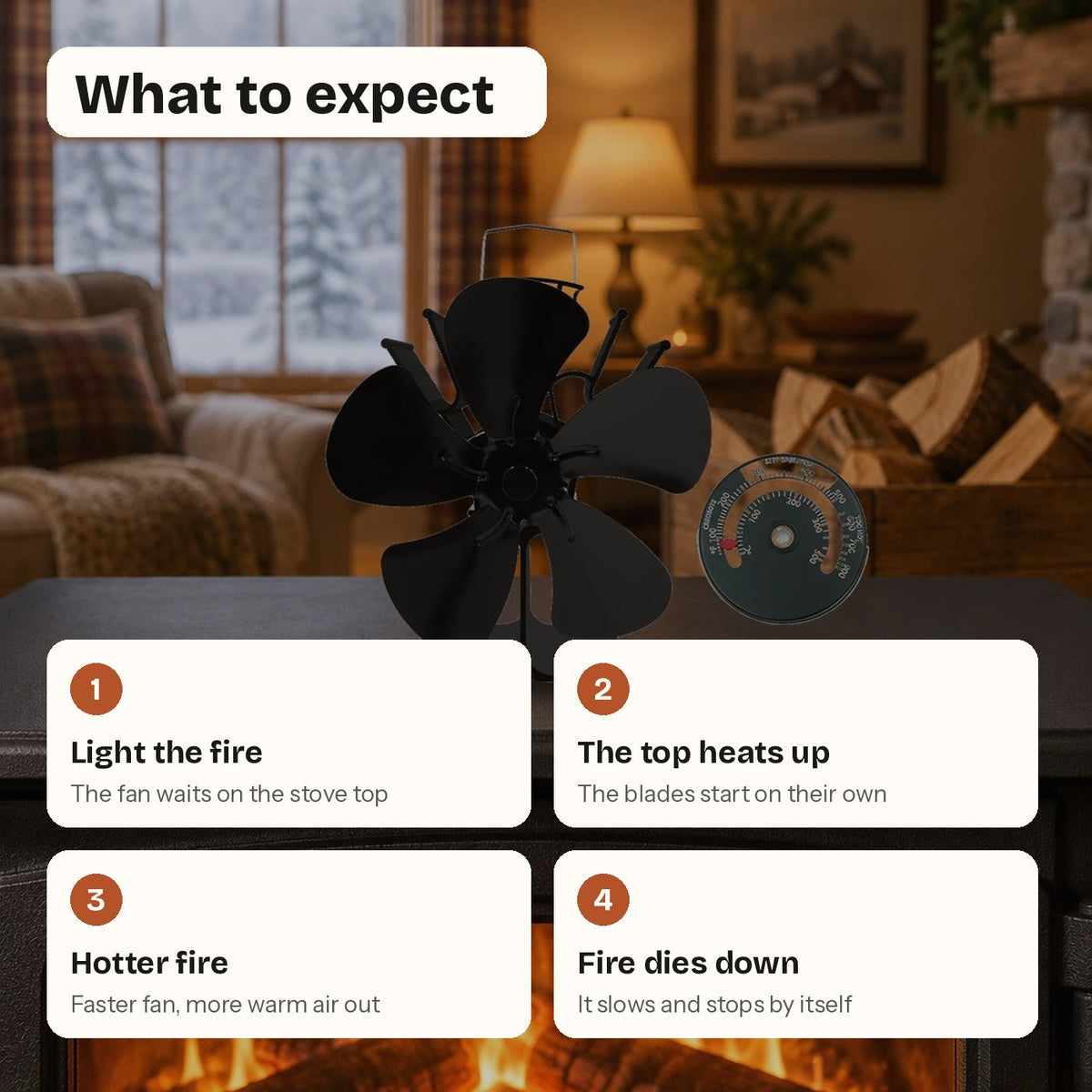 Heat-Powered Wood Stove Fan + Stove Thermometer