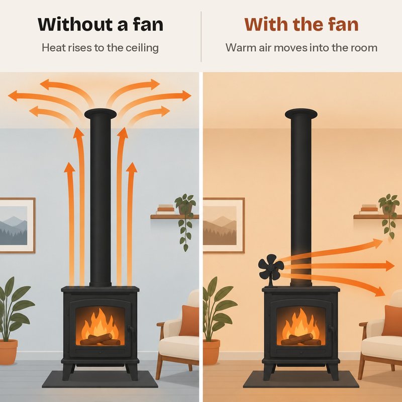 Drawing: without a fan the heat rises to the ceiling; with the fan the warm air moves out into the room