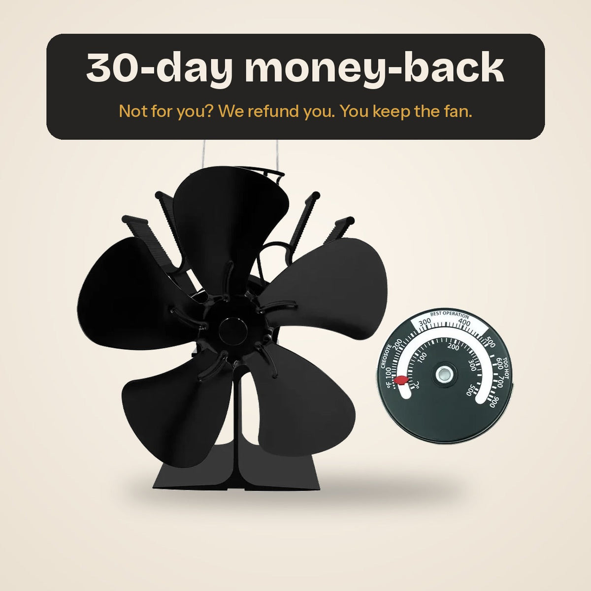Heat-Powered Wood Stove Fan + Stove Thermometer