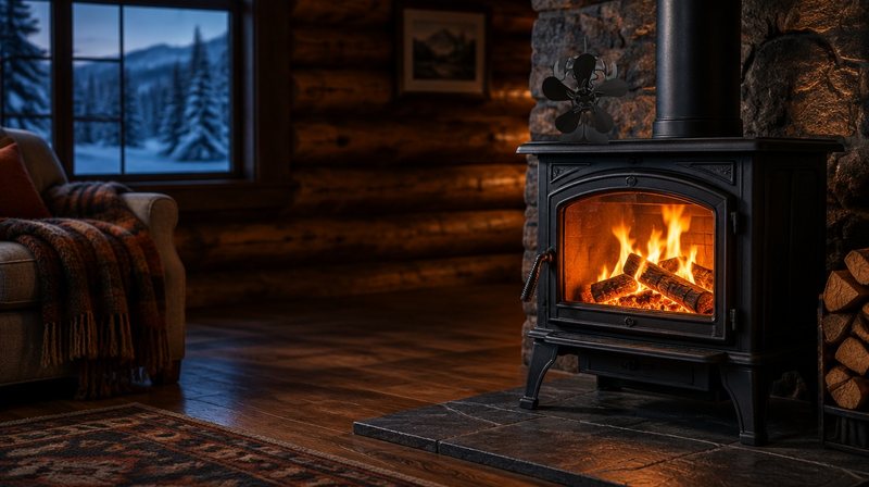 Our black stove fan on a lit wood stove in a log cabin at dusk