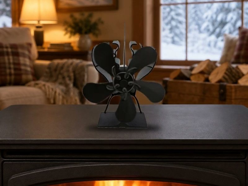 Our black stove fan on the top of a lit wood stove